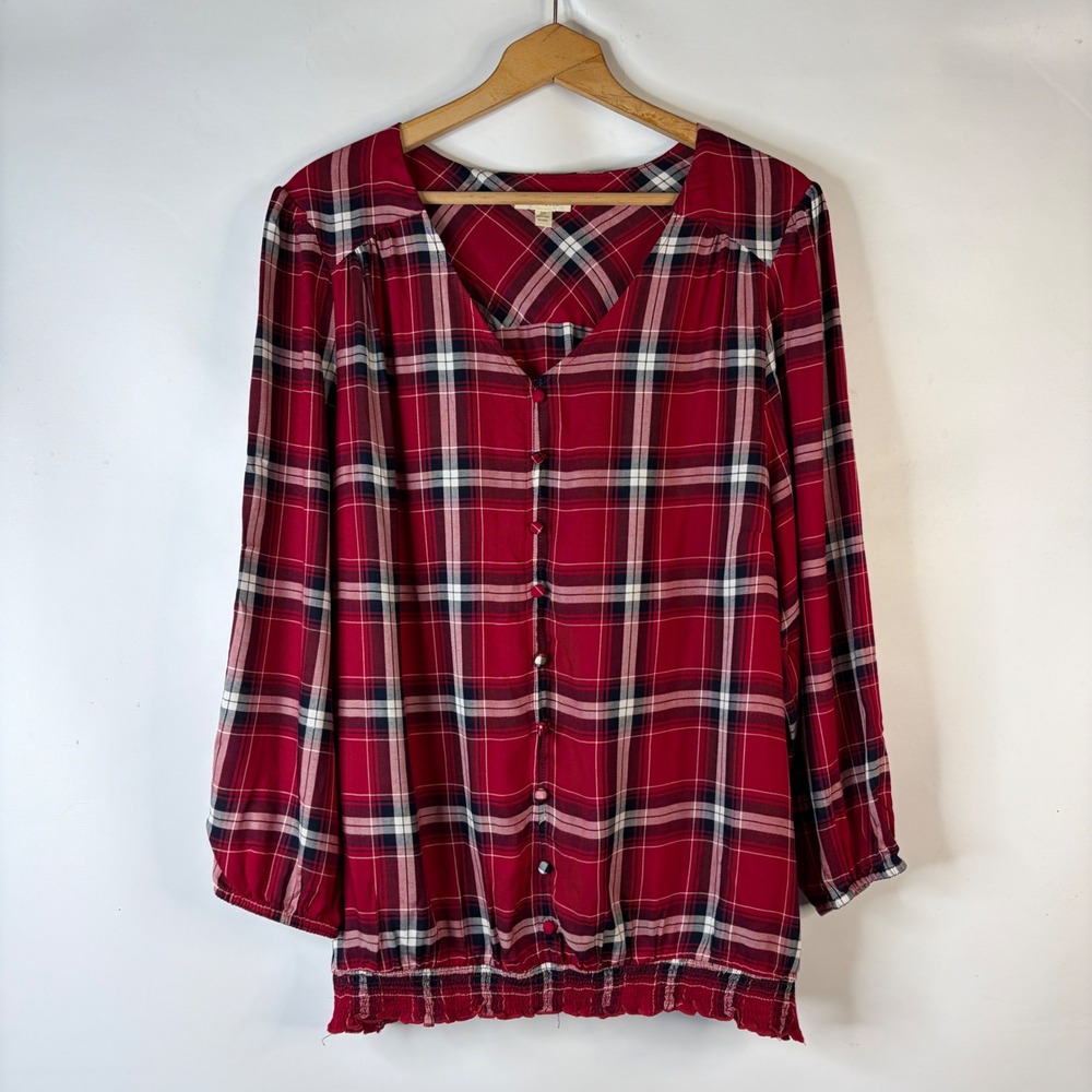 Loralette Plaid Blouse Women 2X Red Button Front V-Neck Smocked Hem Long Sleeve
